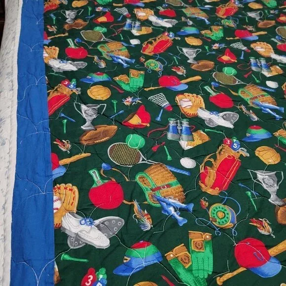 Handmade Baseball Logo Blue Multicolored Bed Quilt Comforter Twin Size - Picture 3 of 7